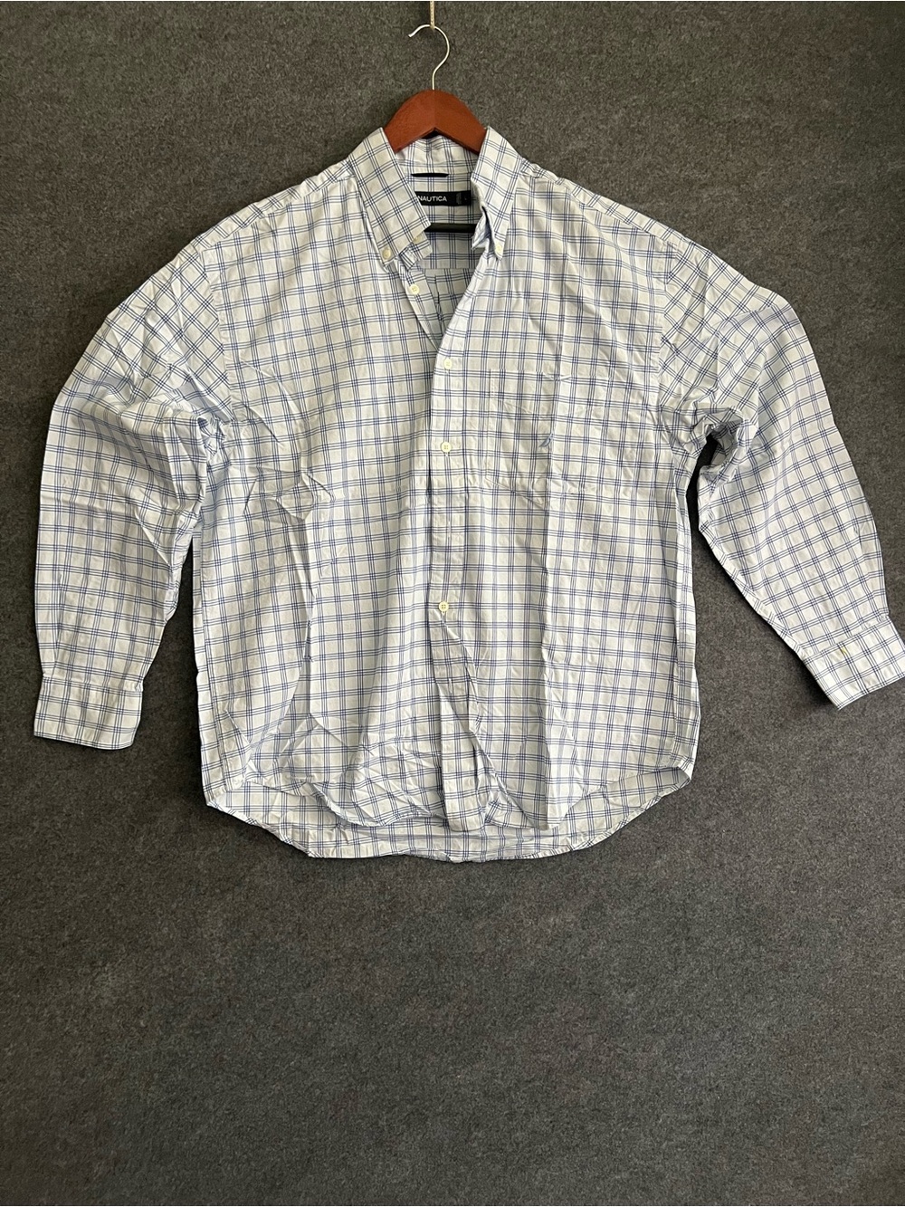 Nautica Men’s Light Blue and White Plaid Button-Down Shirt